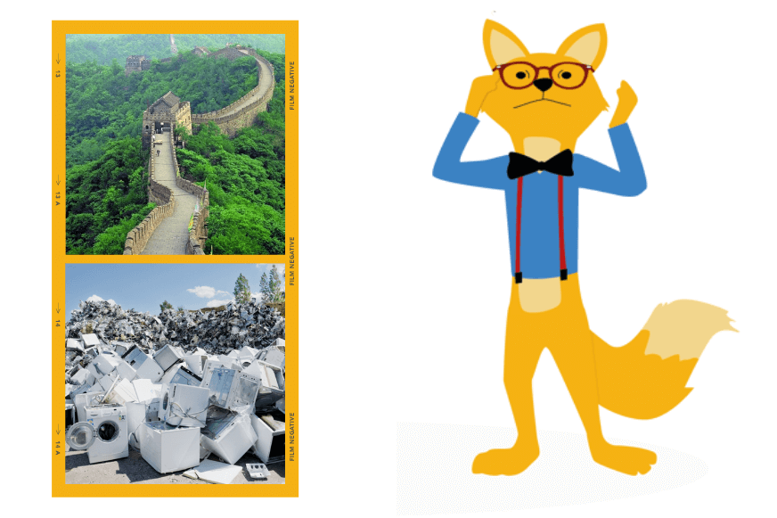 Ein großer Berg an Elektromüll sowie die Chinesische Mauer sind zu sehen